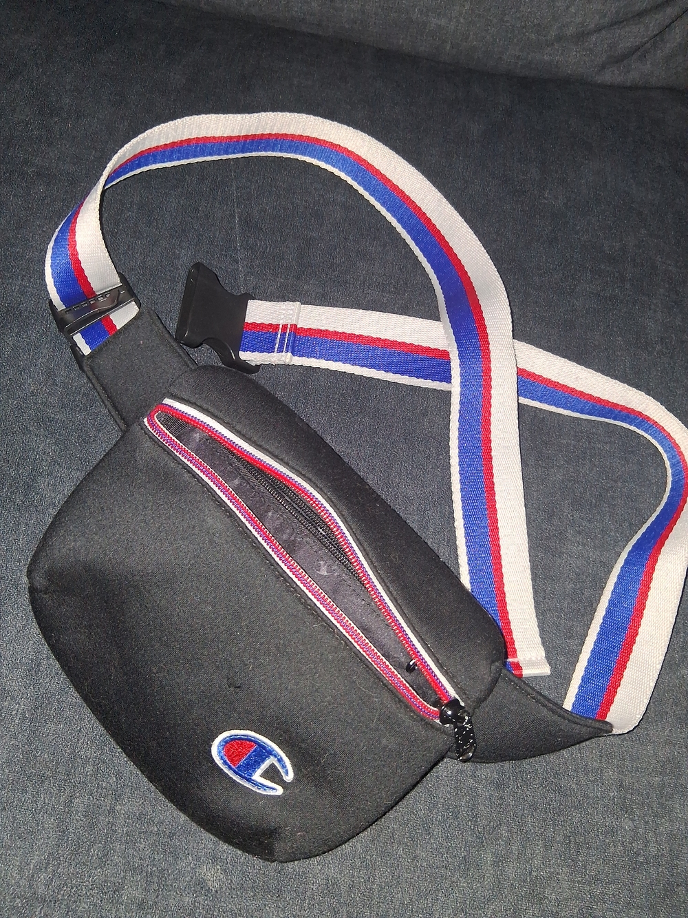 Champion Black Crossbody Fanny Pack with Red & Blue Accent Strap